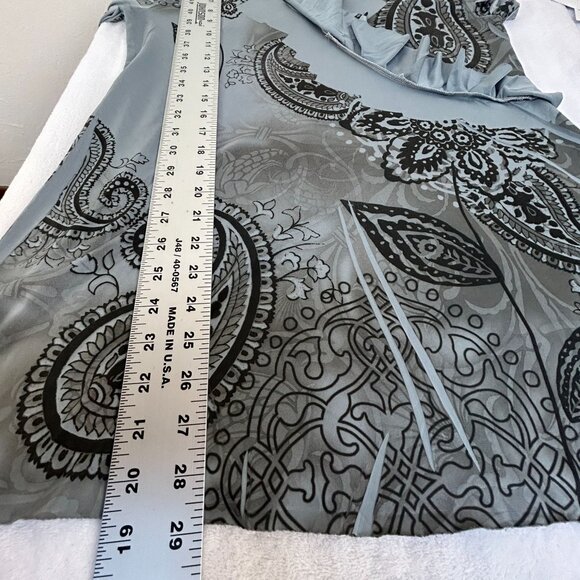 DB Sport Womens Paisley Ruffle V-Neck Long Sleeve Top Blouse Large Gray Stretch - Picture 6 of 9
